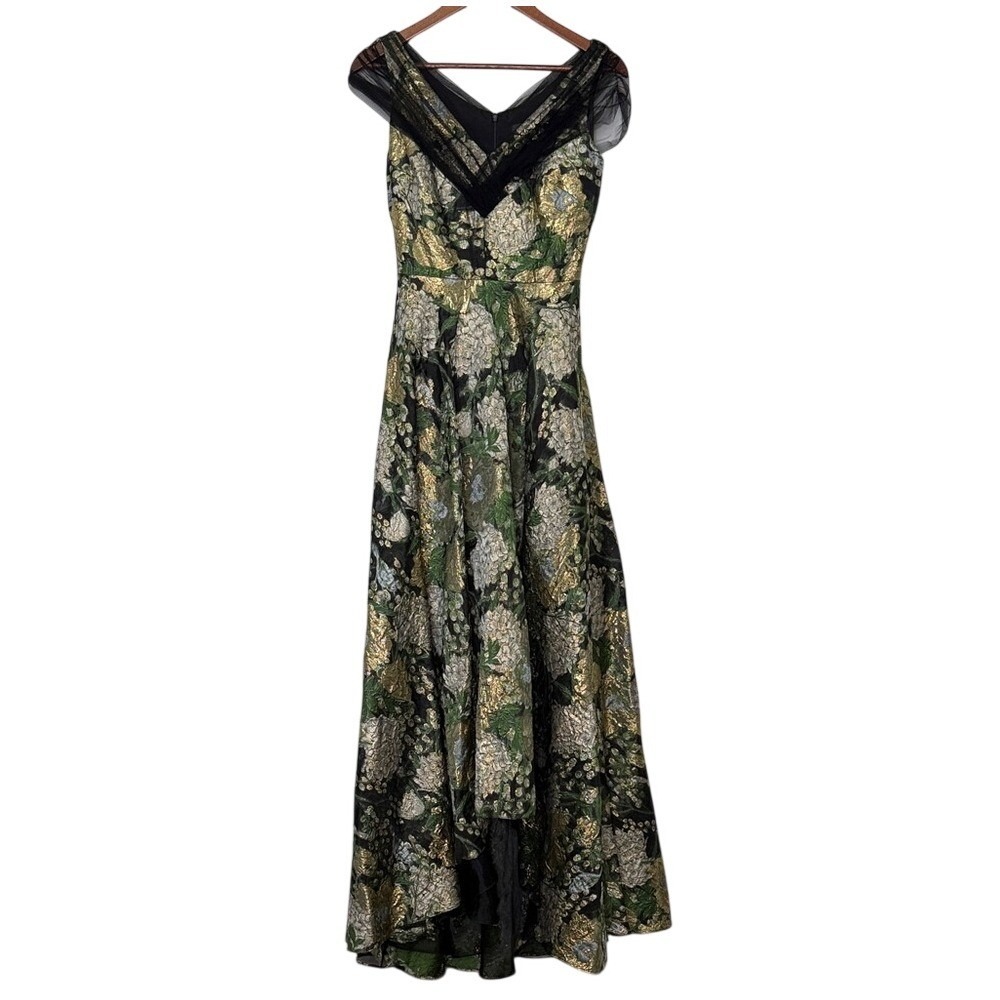 Theia Floral Jacquard Gown V Neck Tulle Shoulder Detail Green Gold 4